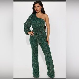 Fashion Nova Emerald Green One shoulder sequin jumpsuit